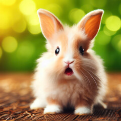 Photo of a Shocked real Bunny on nature bokeh background. ai generative