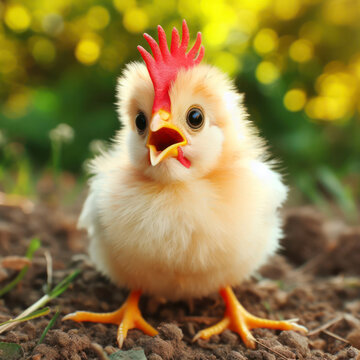Photo of a Shocked real Chicken on nature background. ai generative