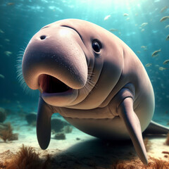 Fototapeta premium Photo of a Shocked real dugong on underwater nature bokeh background. ai generative