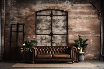 Contemporary Interior: Dark Brown Sofa, Plants, and Rug Against Industrial Brick Wall