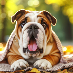 Fototapeta premium Photo of a Shocked real english bulldog on nature bokeh background. ai generative