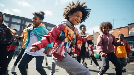 Gardinen Joyful children dancing with energy in an urban setting © Robert Kneschke