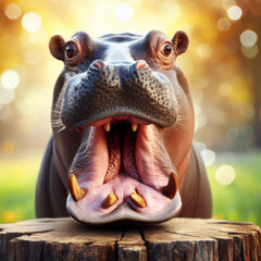 Photo of a Shocked real hippopotamus on nature bokeh background. ai generative