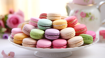 Colorful Macarons on Plate with Pink Rose and Teapot Background