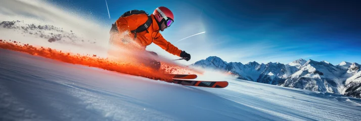 Deurstickers Epic Winter Adventure: Skier Shredding Down Slope with  orange Smoke Bomb, extreme athlete dynamique background, extreme sport in winter, panorama wallpaper  © kiddsgn