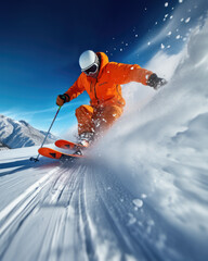 Adrenaline Rush: A Skier's Freeride Down the Snowy Mountain Slope, the orange ski suit contrasts with the blue of the sky and the purity of the snow, trail of snow behind the athlete - obrazy, fototapety, plakaty
