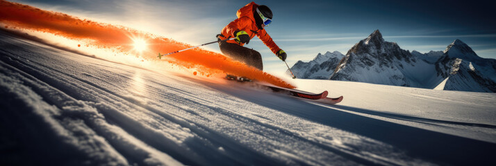 Dangerous Ski Descent at Sunset: A Thrilling Man Riding Skis Down a Snow Covered Slope with an Orange Smoke Bomb, panorama sport banner