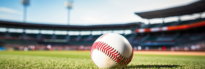 baseball stadium with a baseball ball resting on the center of a panorama image, design banner for your text - Powered by Adobe