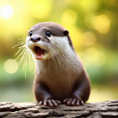 Photo of a Shocked real otter on nature bokeh background. ai generative