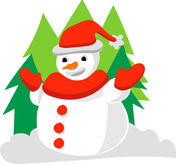 illustration image of a snowman standing on a pile of snow next to a pine tree, this vector is good for covers, wallpapers, backgrounds, icons, logos and others