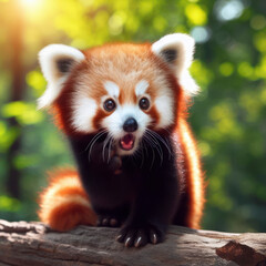 Fototapeta premium Photo of a Shocked real red panda on nature bokeh background. ai generative