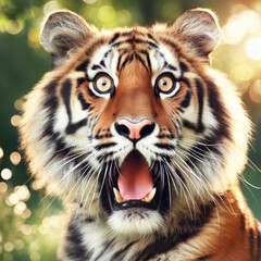 Fototapeta premium Photo of a Shocked real tiger on nature bokeh background. ai generative