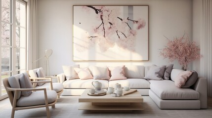A tranquil living room oasis, soft pastels, natural light, and an untouched frame enhancing the room's serene atmosphere, perfect for your calming artwork.