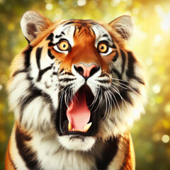 Photo of a Shocked real tiger on nature bokeh background. ai generative
