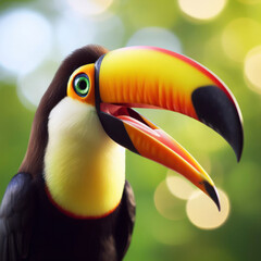 Photo of a Shocked real toucan on nature bokeh background. ai generative