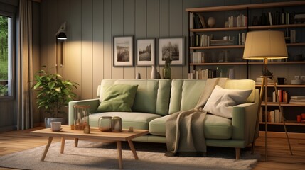 Relaxation takes center stage in a living room adorned with a gray sofa and a comforting green blanket. The wooden floor exudes a sense of homeliness, while a chair 