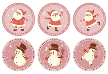 Merry Christmas. Winter Holidays Vector Tags with Cute Happy Santa Claus and Skating Snowman on a Light Pink Background. Holly Jolly. Retro Cartoon Christmas Print ideal for Toppers, Stickers . Rgb. 