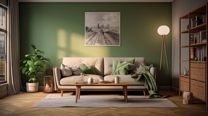 Relaxation takes center stage in a living room adorned with a gray sofa and a comforting green blanket. The wooden floor exudes a sense of homeliness, while a chair