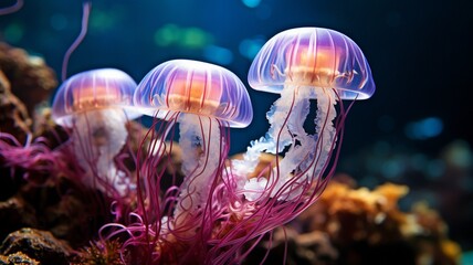 Fototapeta na wymiar In an aquarium with blue lighting, Rhizostoma pulmo, also referred to as barrel jellyfish.