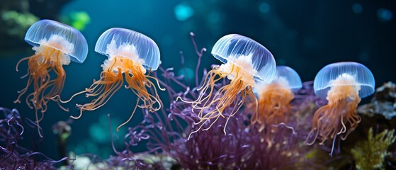 In an aquarium with blue lighting, Rhizostoma pulmo, also referred to as barrel jellyfish. - obrazy, fototapety, plakaty