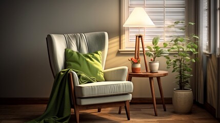 Relaxation takes center stage in a living room adorned with a gray sofa and a comforting green blanket. The wooden floor exudes a sense of homeliness, while a chair