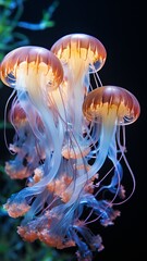 In an aquarium with blue lighting, Rhizostoma pulmo, also referred to as barrel jellyfish.
