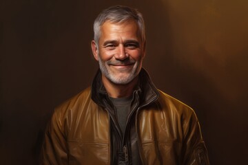 Obraz premium Portrait of a grinning man in his 50s dressed in a water-resistant gilet against a soft brown background. AI Generation