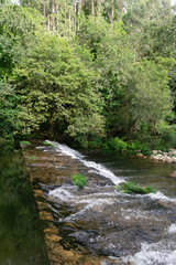 Fototapeta na wymiar Small waterfall surrounded by trees on the Maceira river beach. Covelo - Galicia - Spain