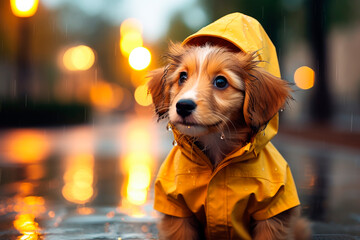 Sad puppy in a raincoat on the rainy day on the autumn street. - obrazy, fototapety, plakaty