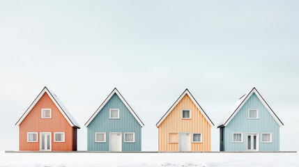 Street view of multiple colorful small wooden buildings on a winter landscape.