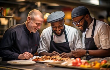 In the commercial kitchen, three multiracial chefs converse..