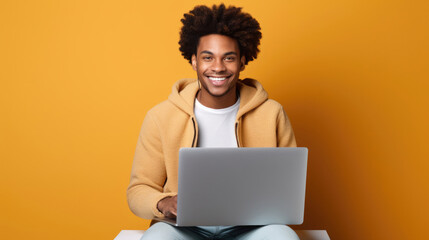 Smiling cheerful smart young ginger man wearing casual teenage clothes using laptop computer pose looking at camera isolated color background