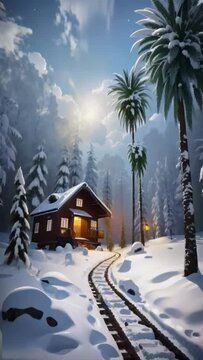 A small wooden house in the middle of a snow-covered forest, tracks leading to the house. A short video of beautiful white snow.