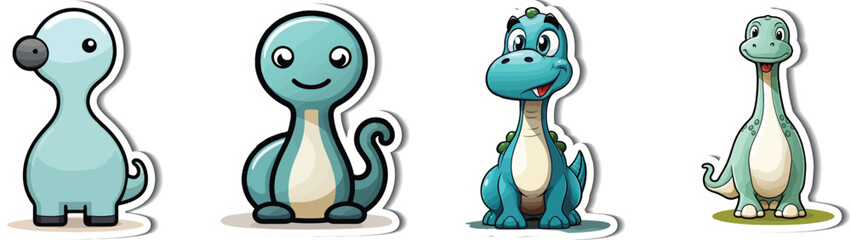Fototapeta premium Playful Dino Squad: A quartet of adorable dinosaur cartoon stickers poses with charm and cuteness, exuding playful energy and prehistoric allure.