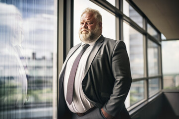 Older plus sized business man posing in his office. Generative AI - obrazy, fototapety, plakaty