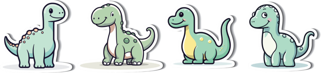 Naklejka premium Dino Quartet: A whimsical illustration of four adorable, smiling dinosaurs ready to add a prehistoric touch to any design.