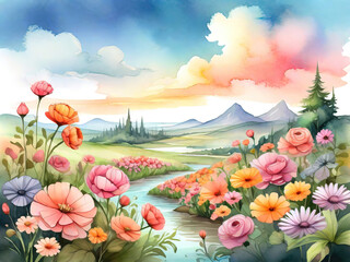 Fototapeta na wymiar Watercolor summer idyllic landscape, fields and meadows full of flowers, children story book style illustration.