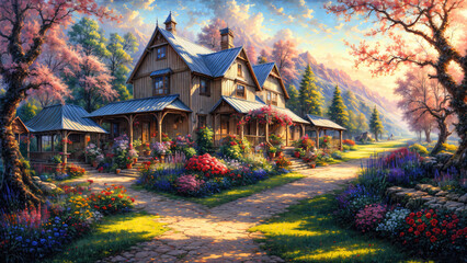 Oil painting on canvas summer landscape with wooden old house, beautiful flowers and trees.