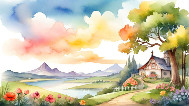 Watercolor summer idyllic landscape, fields and meadows full of flowers, children story book style  illustration.