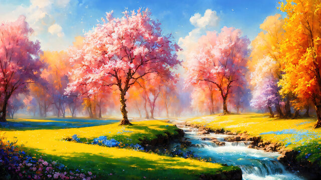 Oil painting landscape art with multicolored forest, surreal sakura trees with colorful leaves, artistic vision of spring