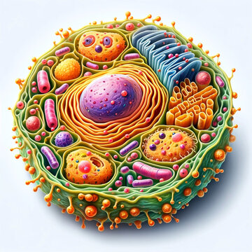 A high-resolution image of a typical human cell, indicating the nucleus, mitochondria, endoplasmic reticulum, ribosomes, and Golgi apparatus, annotated for a biology class.