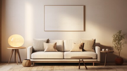 Fototapeta na wymiar A white frame hanging on a wall in a cozy living room with warm lighting, a beige sofa, and a small wooden side table.