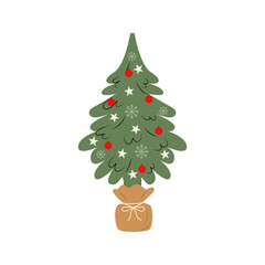 Decorated Christmas tree with gift boxes, stars, lights, decoration balls, and lamps. Merry Christmas and a happy new year. Flat style vector illustration
