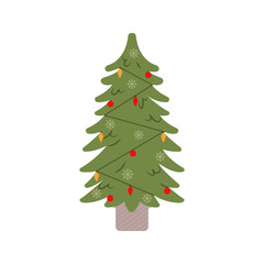 Decorated Christmas tree with gift boxes, stars, lights, decoration balls, and lamps. Merry Christmas and a happy new year. Flat style vector illustration