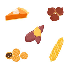 Autumn snack clipart. Sweet pumpkin pie, walnut cookies, corn, chestnut, sweet potato