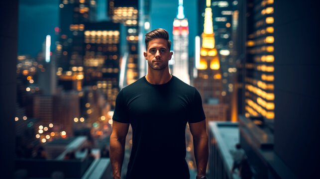 Camiseta negra mock up con modelo y una ciudad iluminada de fondo 