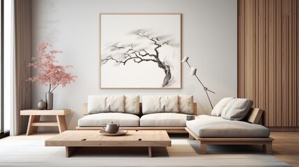 Zen living room with minimalist design, tranquil colors, and an empty frame exuding a sense of calmness, inviting you to add your peaceful creation.