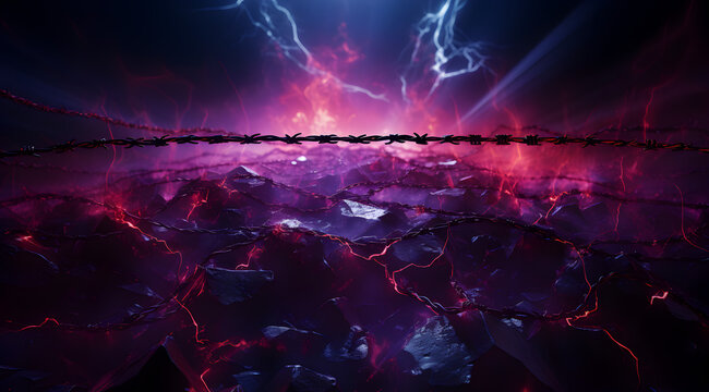 Neon-lit barbed wire over a fiery landscape, symbolizing danger and defense.