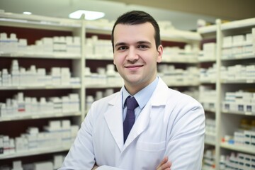 Professional Male pharmacist Wearing white medical Lab Coat in pharmacy. Druggist in Drugstore Store with Shelves Health Care Products