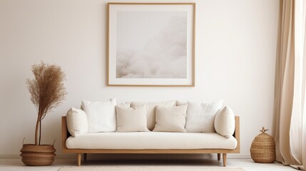 A white frame hanging on a wall in a serene living room with a beige couch, soft cushions, and a fluffy rug.